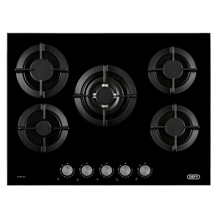 Defy Gemini 90cm five burner black glass gas hob