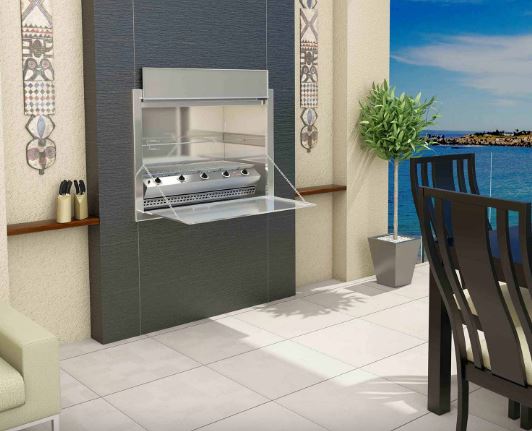 Burner Entertainer gas braai, 5 burners, built into a dark tiled patio wall with the door dropped open