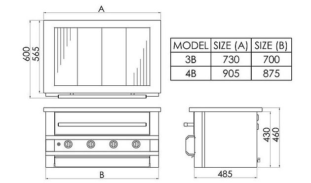 Dimensions drawing of the Hybrid Braai showing 3B and 4B model sizes with front, side and top views