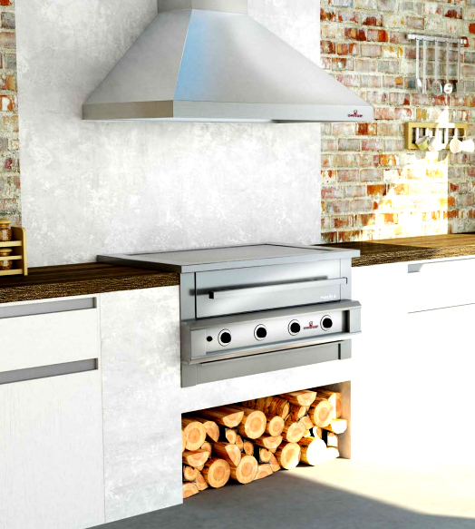Hybrid Braai, 4 burner stainless steel unit built into a kitchen counter with an extractor above and a log store below