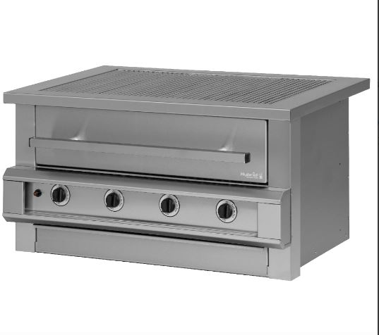 Hybrid Braai, 4 burner stainless steel unit with the ember drawer below the grill top