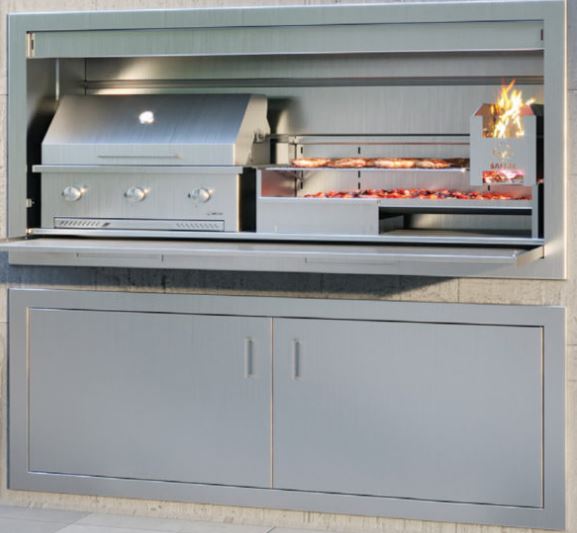SAFire fire and gas built-in braai with a hooded gas grill on the left, a lit wood ember maker on the right and meat on the centre grid