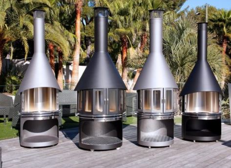 Four round island braais with cone chimneys on a deck