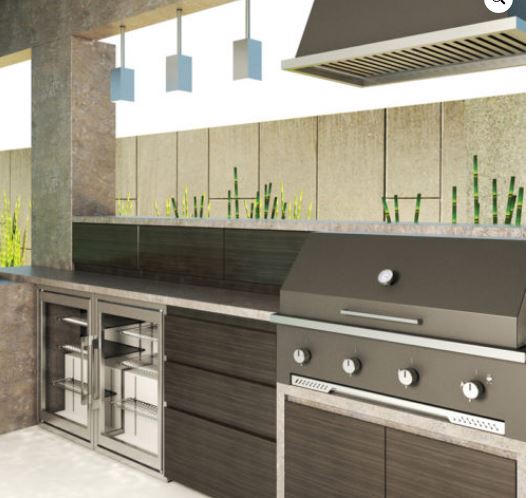 SAFire table top gas grill in graphite, hood closed with a lid thermometer, built into an outdoor kitchen counter